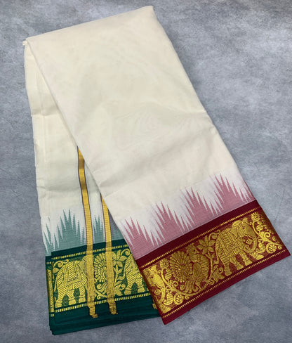 Korvai Cotton Dhoti Half White Colour with Maroon and Green Border