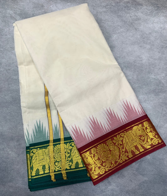 Korvai Cotton Dhoti Half White Colour with Maroon and Green Border