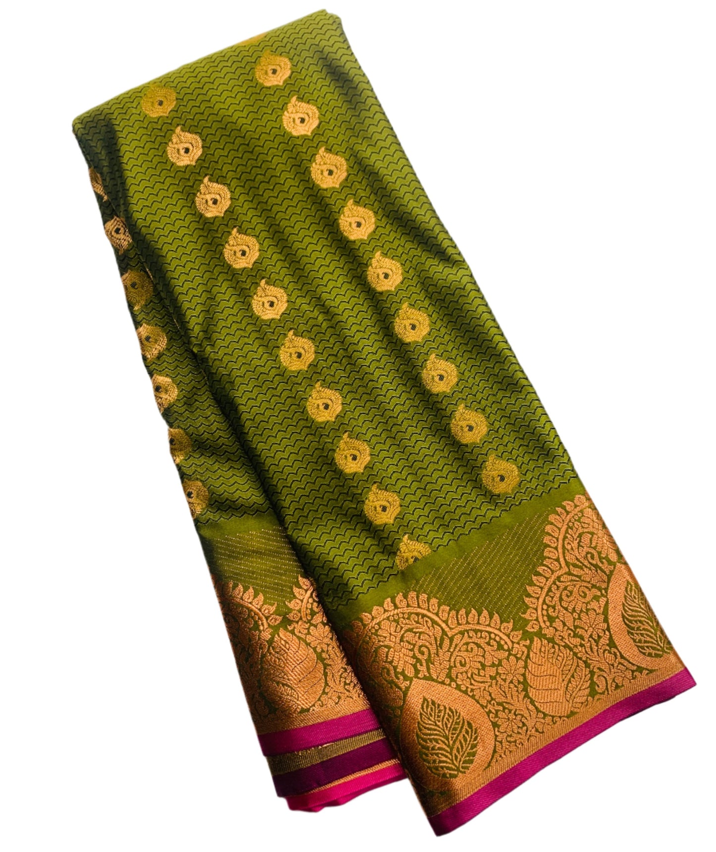 Vegan Silk Saree Olive Green shade with Pink Border