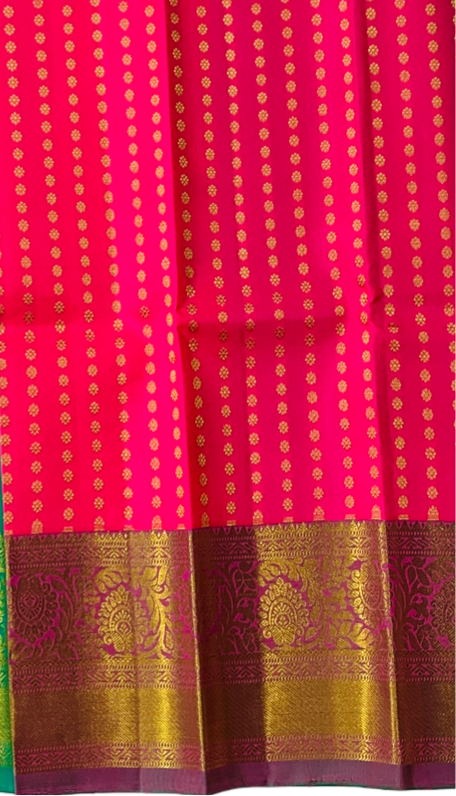 Rani Pink shade Pure Kanchipuram Kids Pattu Pavadai with Golden border for newborn to 2 Years