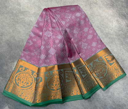 Synthetic Cotton Saree Lavender Colour with Golden Floral Design Border