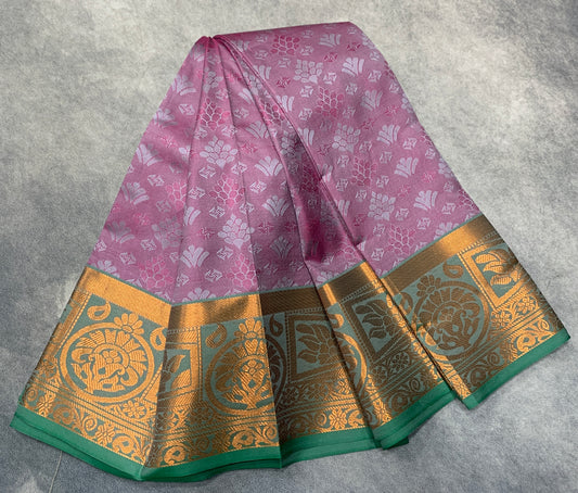Synthetic Cotton Saree Lavender Colour with Golden Floral Design Border