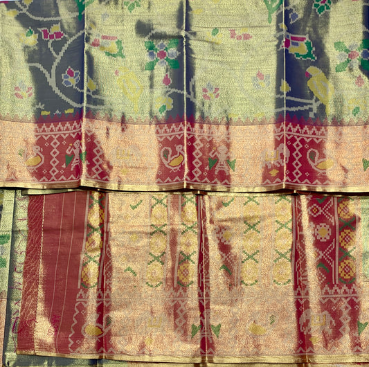 Pochampalli Tissue Silk Saree Golden Gray Colour with Golden Orange Border