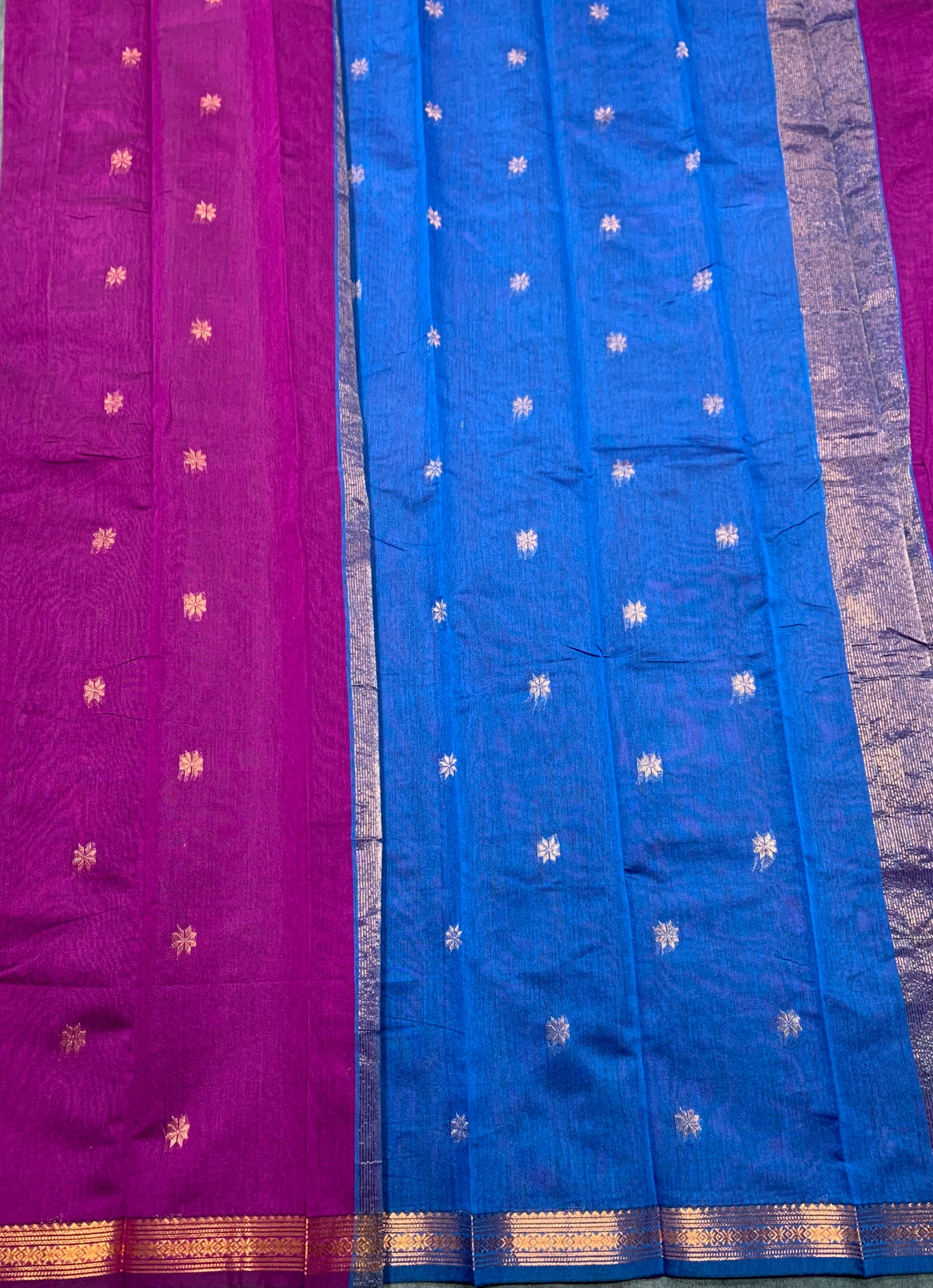 Magenta Colour Silk Cotton Saree with Copper Zari Border