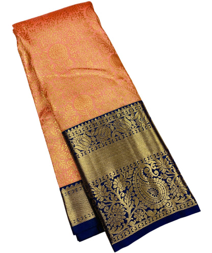 Peach Colour Semi Silk Saree with Big Blue Border