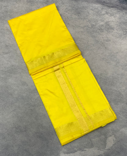 9X5 Pure Silk Dhoti Lemon Yellow with Small Golden Zari Border