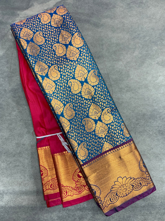 Vegan Silk Saree Blue Colour with Magenta and Copper Border