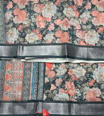 Jute Cotton Saree Block Colour with Thread Border