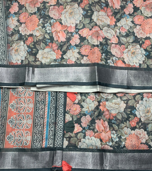 Jute Cotton Saree Block Colour with Thread Border