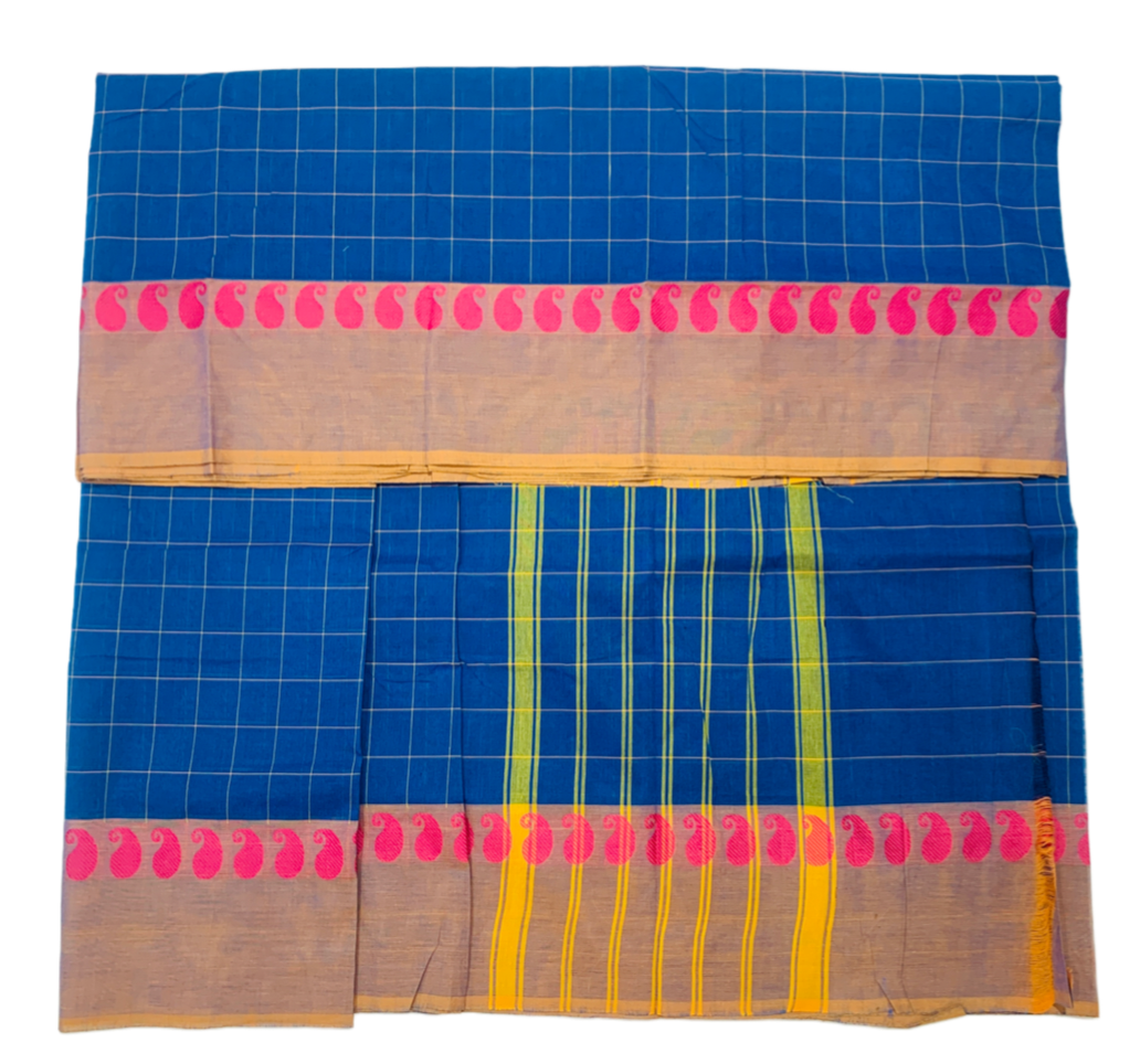 9 Yards Cotton Saree Blue Colour with Golden Yellow Border