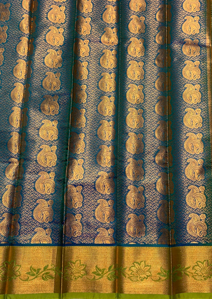 Vegan Silk Saree Rama Green Colour with Copper and Light Green Border