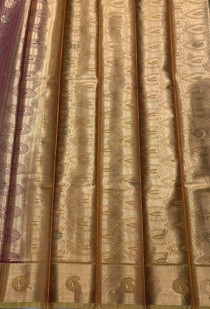 Vegan Silk Saree Maroon Colour with Golden and Golden Yellow Border