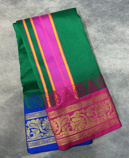 Art Silk Dhothi 9X5 Emerald Green Colour with Pink and Blue Colour Ganga Jamuna Border