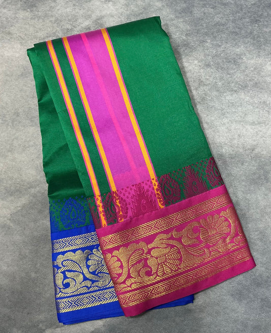 Art Silk Dhothi 9X5 Emerald Green Colour with Pink and Blue Colour Ganga Jamuna Border