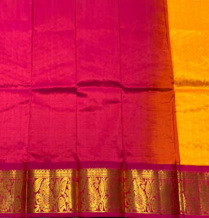 Yellow Shade Pure Kanchipuram Kids Pattu Pavadai with Contrast Border for Newborn to 2 Years