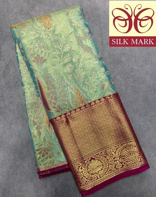 Sapphire Shade Pure Kanchipuram Kids Pattu Pavadai with Contrast Border for Newborn to 2 Years