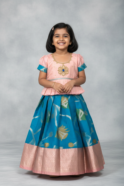 Ready To Wear Sky Blue Pavadai with Contrast Peach Blouse