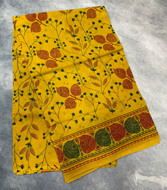 Chettinad Sungudi Cotton Mustard Yellow Colour with Leaf Design Border