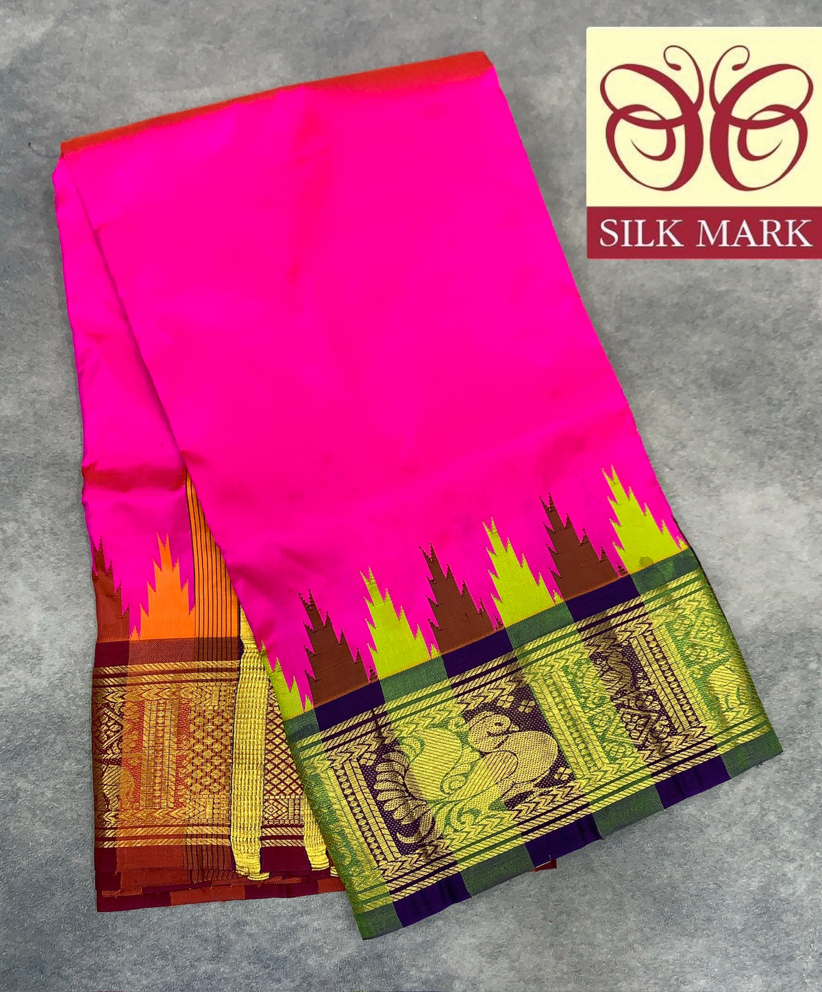6 Mulam Silk Pooja Towel Rani Pink Colour with Ganga Jamuna Korvai Border