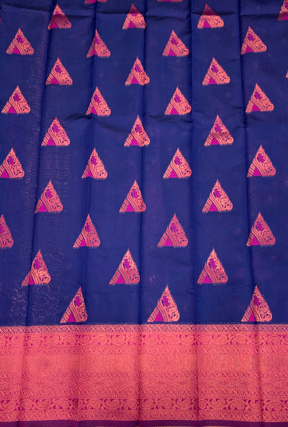 Art Silk Saree Navy Blue Colour with Pink Border