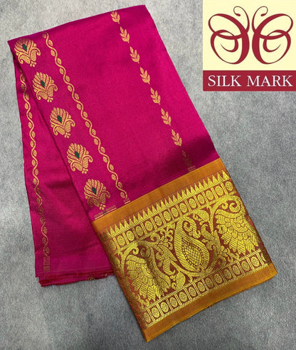 Rani Pink Shade Pure Kanchipuram Kids Pattu Pavadai with Contrast Border for Newborn to 2 Years
