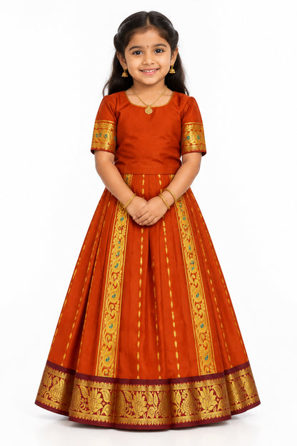 Orange Shade Semi silk Kids Pattu Pavadai with Contrast border for age 5 to 10