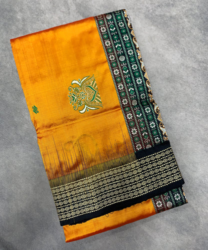 Pure Kanchipuram Silk Golden Colour with Block Colour Thread Work Border