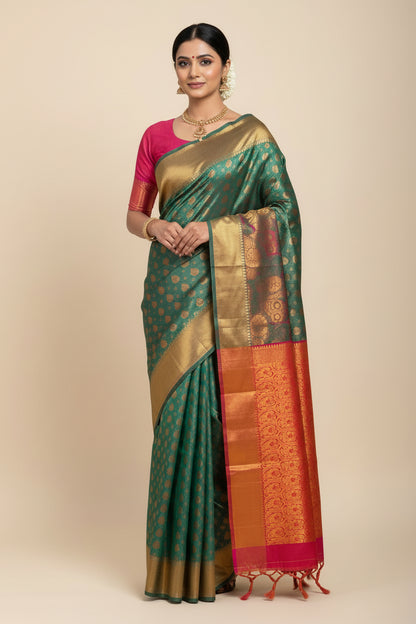 Vegan Silk Saree Peacock Green Colour with Pink and Copper Border