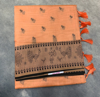 Banaras Katan Saree Orange Colour with Katan Work Border