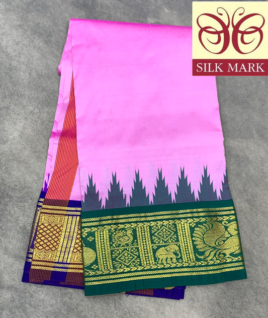 6 Mulam Silk Pooja Towel Baby Pink Colour with Ganga Jamuna Korvai Border