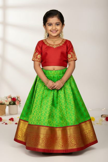 Apple Green Shade Vegan Silk Kids Pattu Pavadai with Contrast border for age 2 to 5