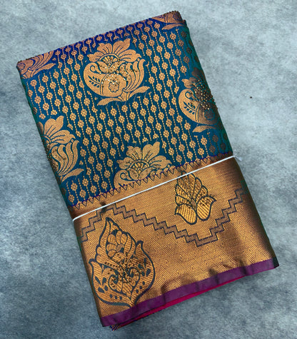 Vegan Silk Saree Rama Blue Colour with Copper and Magenta Border