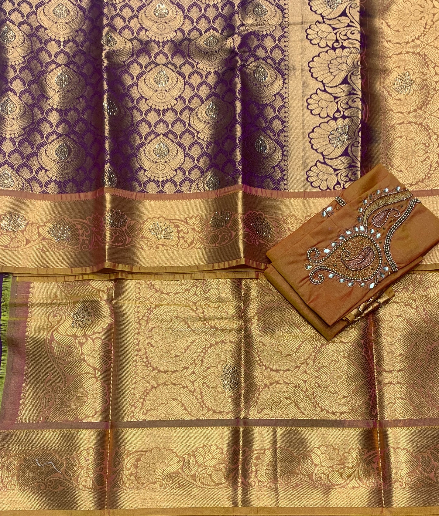 Bridal Vegan Silk Saree Beetroot Pink shade with Golden Yellow Border with Unstitched blouse in Aari Work