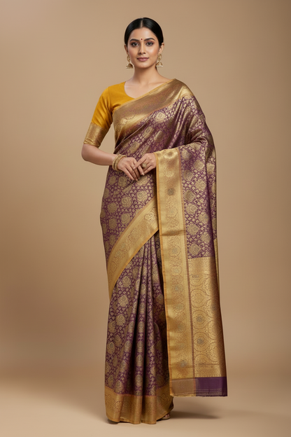 Bridal Vegan Silk Saree Beetroot Pink shade with Golden Yellow Border with Unstitched blouse in Aari Work