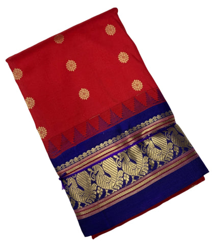 Pure Kanchipuram Silk Saree Red Colour with Contrast Blue Annam Border