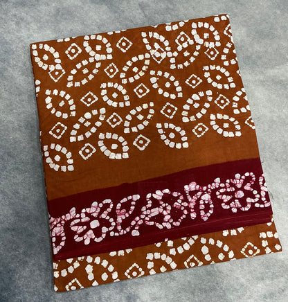 Chettinad Sungudi Cotton Brown Colour with Maroon Colour Border