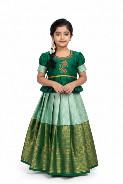 Ready To Wear Pastel Green Colour Pavadai with Contrast Green Colour Blouse