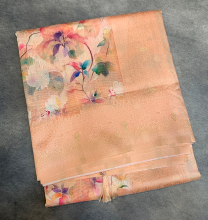 Digital Print Cotton Saree Light Peach Colour with Floral Pattern