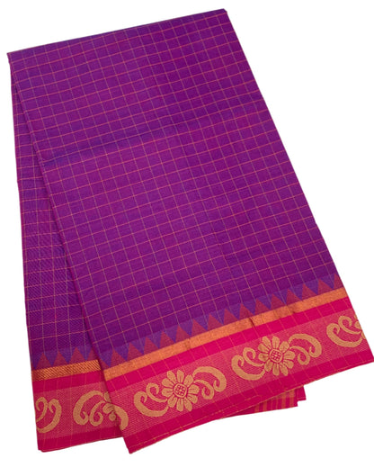 Chettinad Cotton Saree Purple Shade with Pink and Flower Design Border