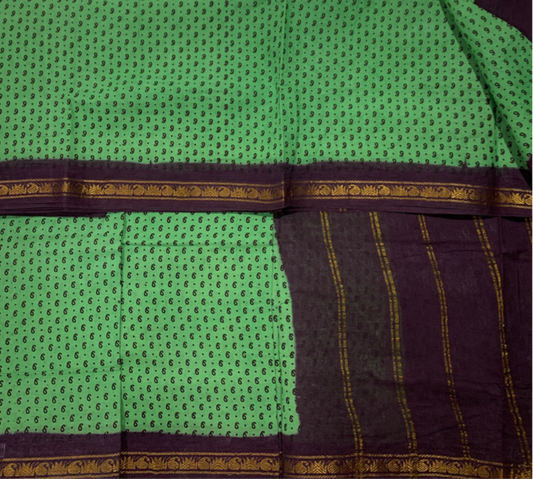 9 yards Cotton Saree Pista Green Colour with Brown Border