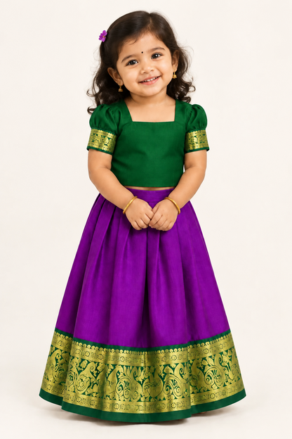 Purple Shade Pure Kanchipuram Kids Pattu Pavadai with Contrast Border for Newborn to 2 Years