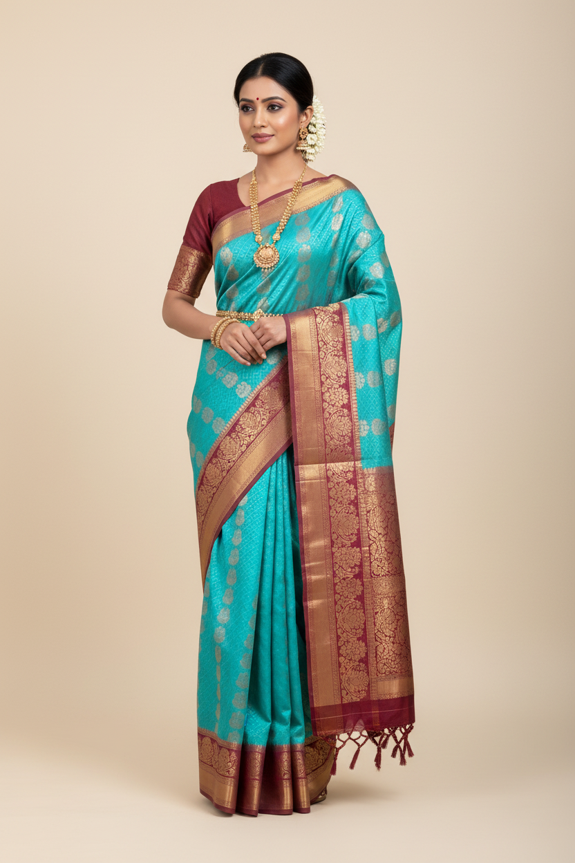 Vegan Silk Saree Sapphire Colour Saree with Copper and Floral Design