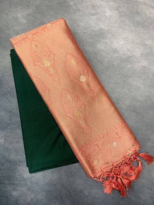 Soft Silk Casual Saree Green Colour with Peach Colour Border