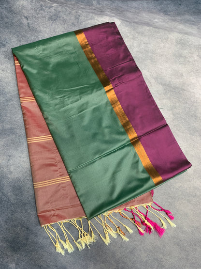 Art Silk Saree Pista Green Colour with Magenta and Copper Border