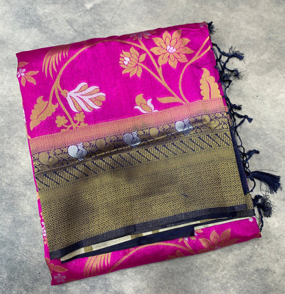 Banaras Soft Silk Saree Pink Colour with Navy Blue Colour Border