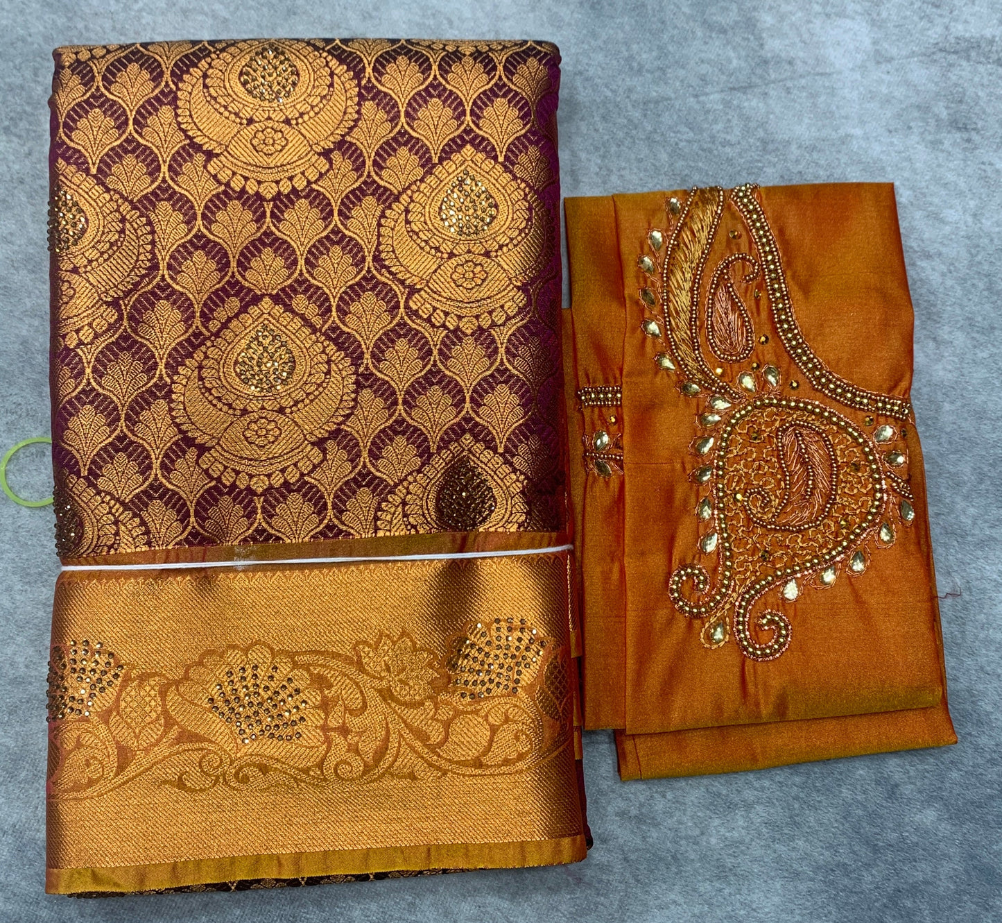 Bridal Vegan Silk Saree Beetroot Pink shade with Golden Yellow Border with Unstitched blouse in Aari Work