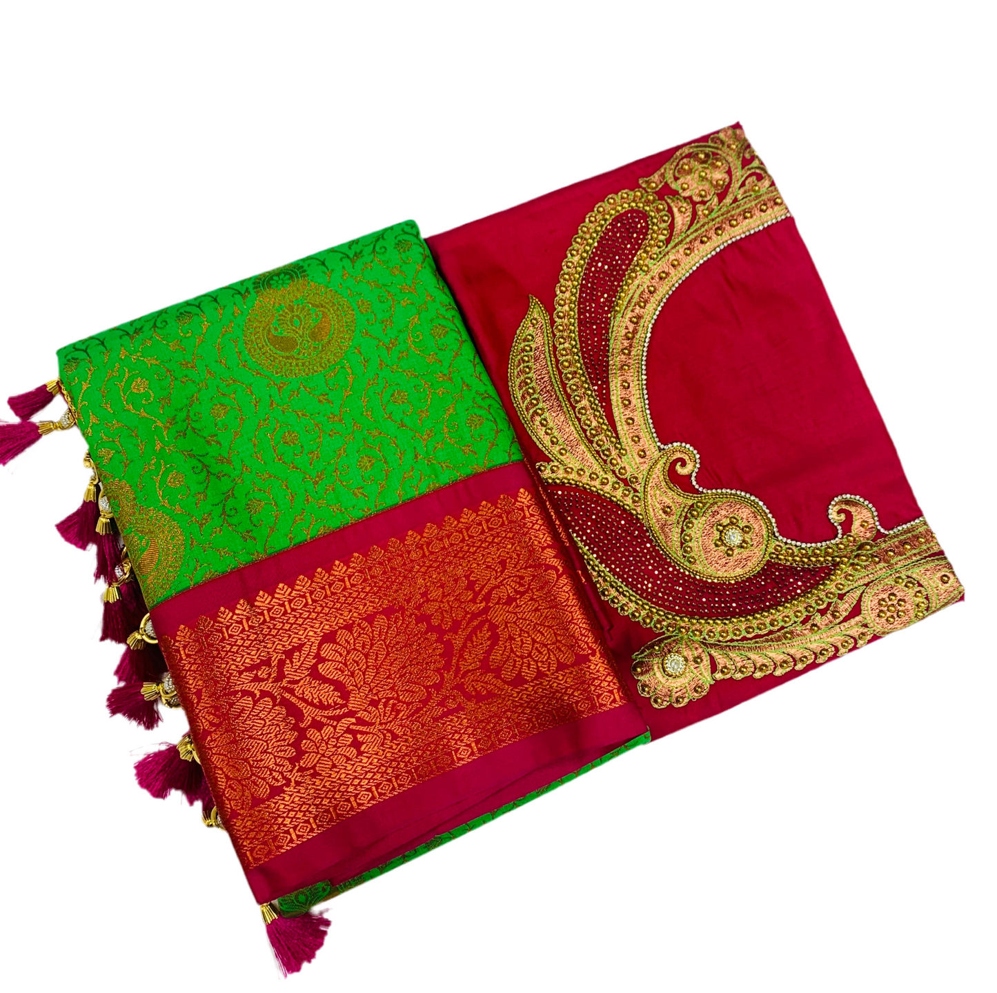 Bridal Vegan Silk Saree Apple Green shade with Pink Border with Unstitched blouse in Aari work