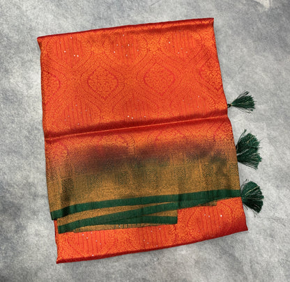 Soft Silk Saree Red Colour and Stone Work with Green Colour Pallu