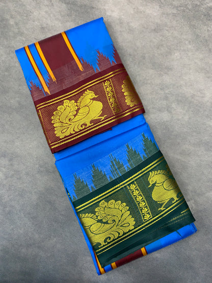 Art Silk Dhothi 9X5 Sky Blue Colour with Maroon and Green Colour Ganga Jamuna Border