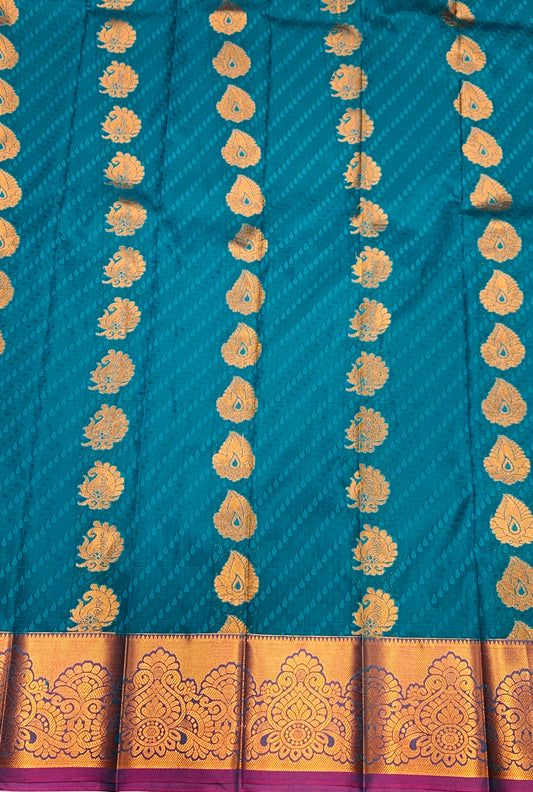 Vegan Silk Saree Peacock Green Colour with Copper Border